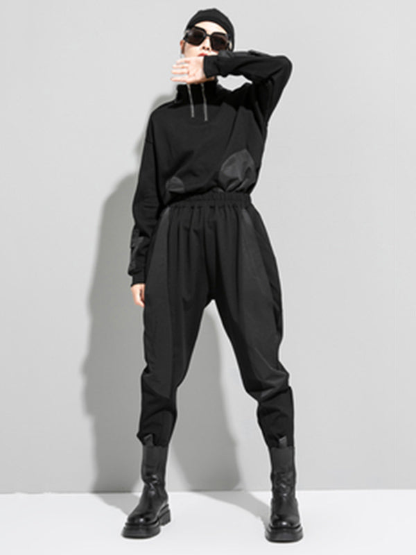 Urban Black Drawstring Split-Joint High-Waist Casual Pants