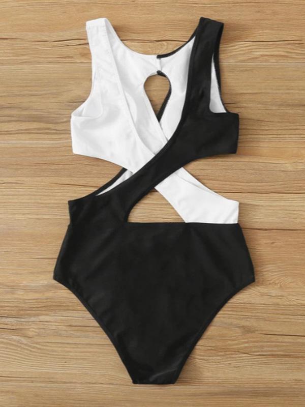 Sexy Hollow Crisscross Clashing Colors One-Piece Swimwear