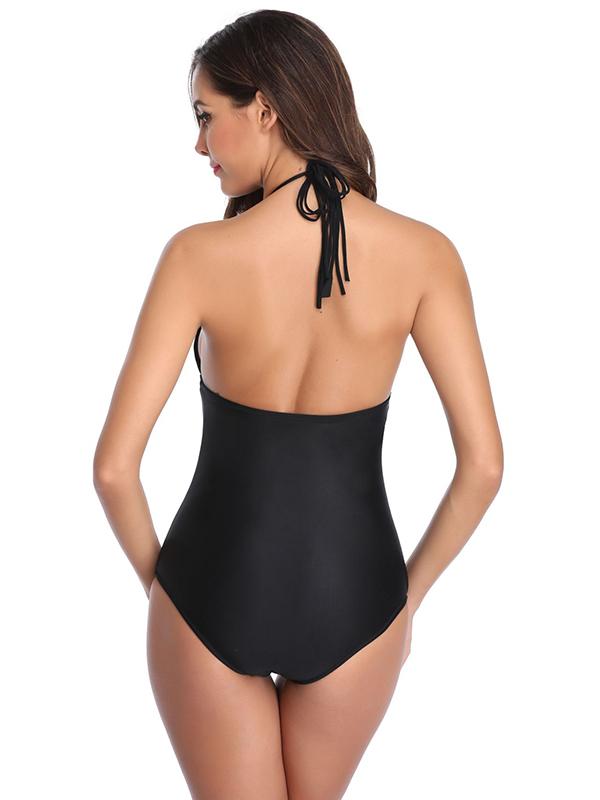 Lace-up Plain One-piece Swimsuit