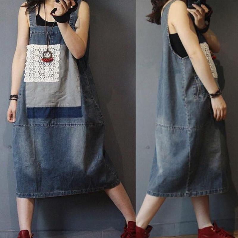 Denim Spliced Patchwork Washed Suspenders Dress