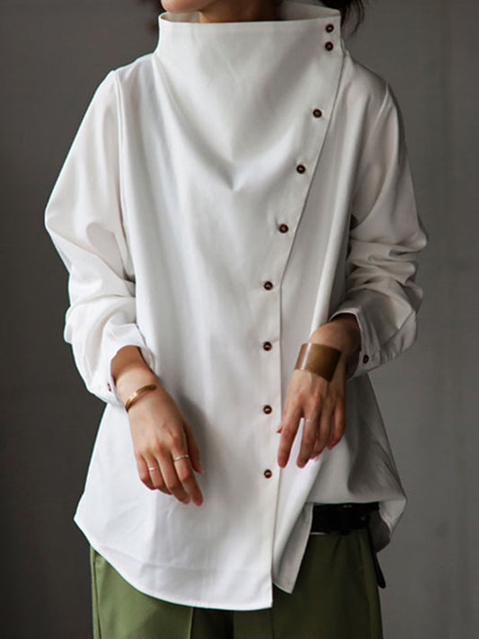 Loose Casual Solid Color Buttoned High-Neck Long Sleeves Blouse