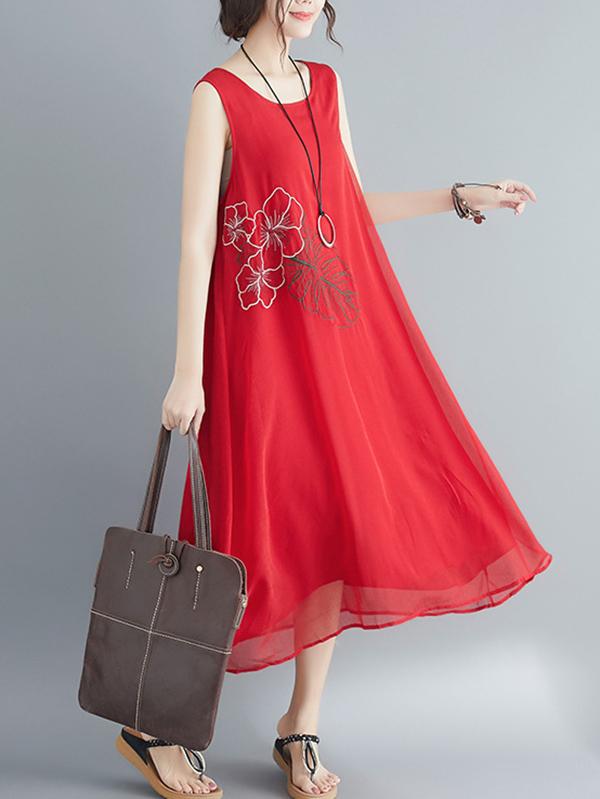 Loose Embroidered Sleeveless Dress