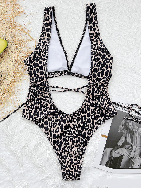 Backless Bandage Leopard Printed One-Piece Swimsuit