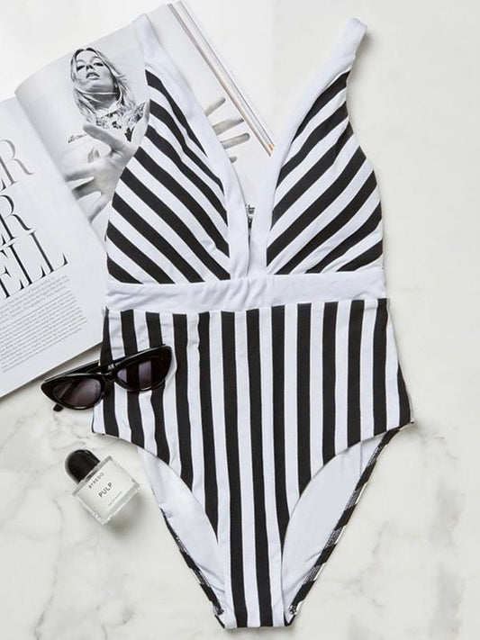 Sexy V-Neck Stripes One-Piece Swimwear