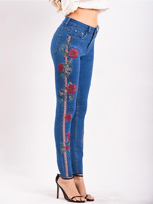 Embroidered Elastic Jeans Pants Bottoms