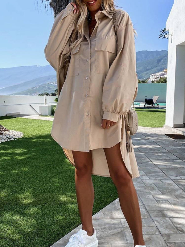 Casual Long Sleeves High-Low Solid Color Lapel Mini Dresses Blouses Shirt Dress