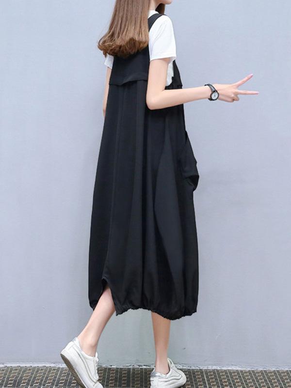 Loose Oversize White T-Shirt + Split-front Braces Dress