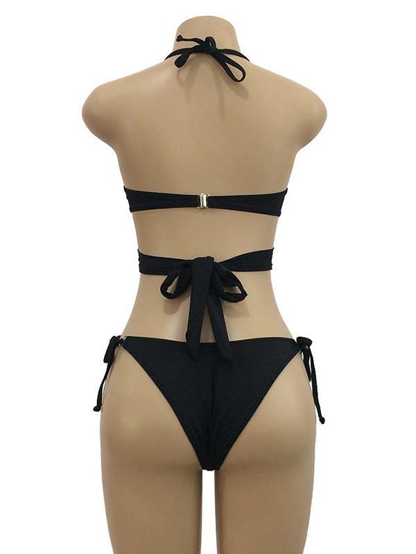 Halter-neck Bandage Plain Bikinis Swimwear