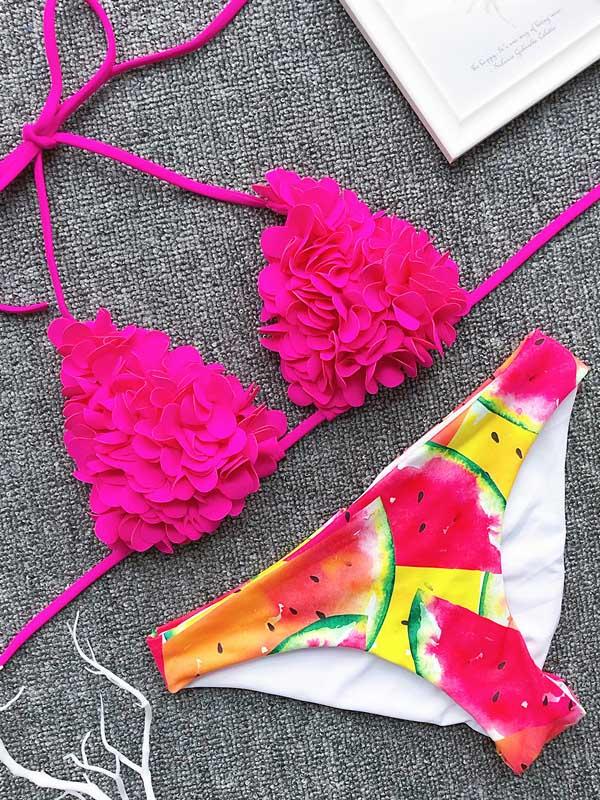 Plain Triangle Top With Printed Panty Bikini Set