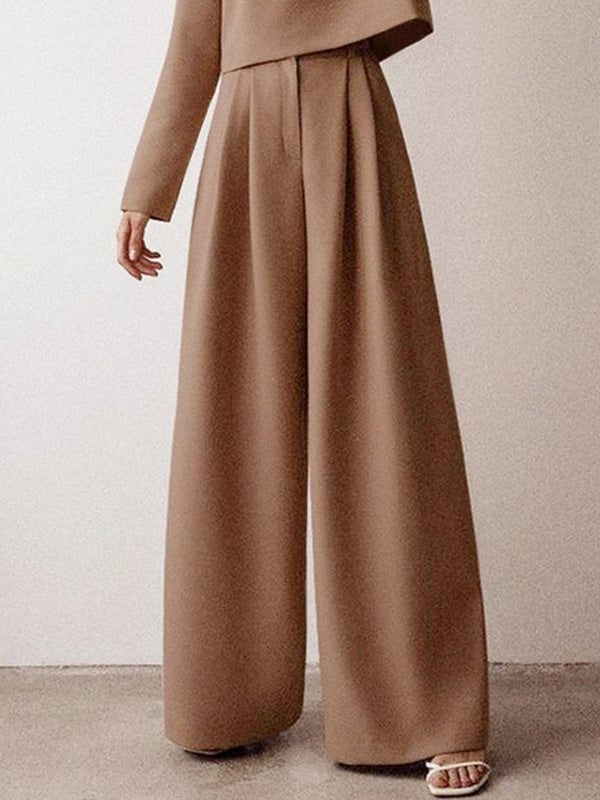 Casual Solid Color Round-Neck Long Sleeves T-Shirt+Wide Leg Pants 2 Pieces Set