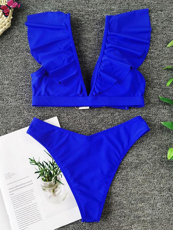 Sexy Flounces V-Neck Metal Buckle Split Bikini Swimsuit