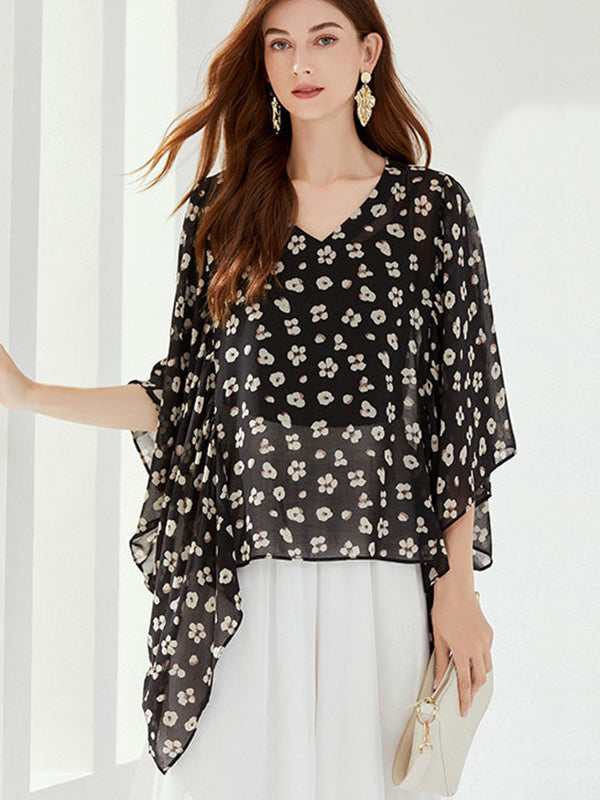 Original Loose Chiffon Floral Printed Irregular Shirt Top