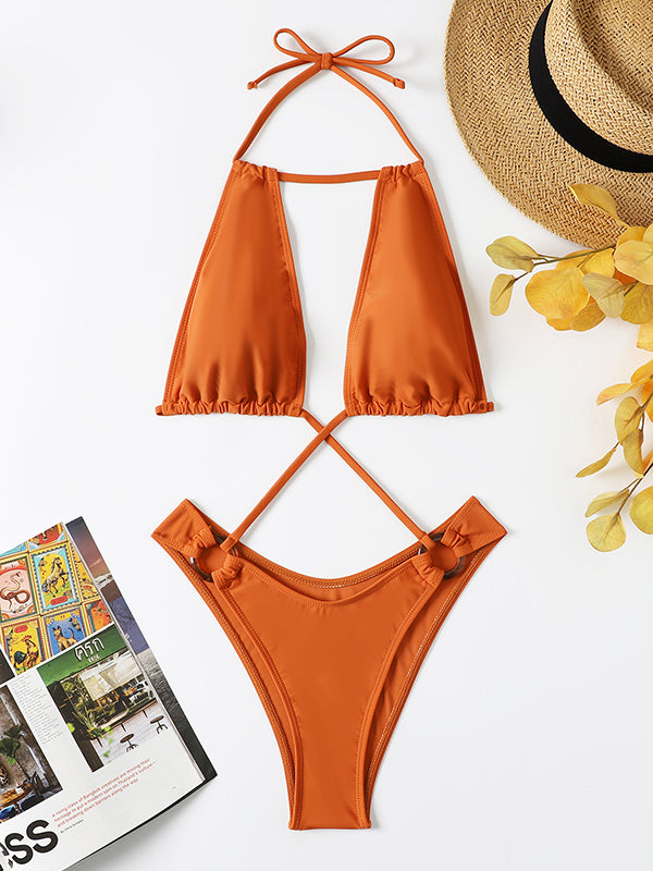 Brown Bandage Hollow Halterneck One-Piece Swimsuit