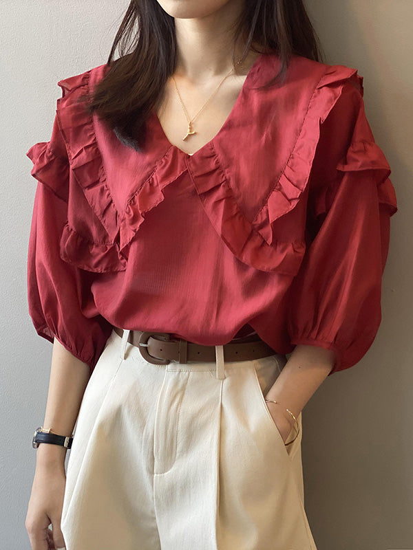 Stylish Solid Color Split-Joint Falbala V-Neck Half Sleeves Blouse