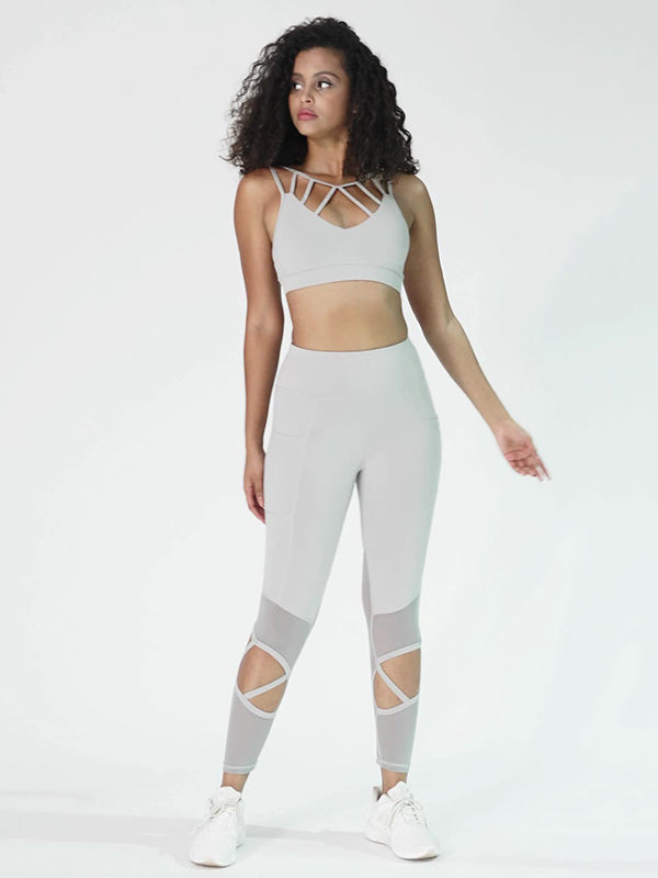 Mesh Split-Joint Cross Bra&Leggings Suits