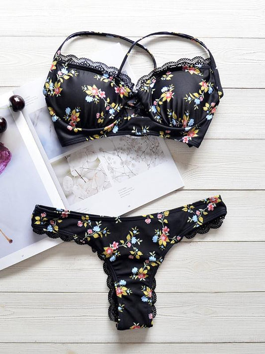 Floral-Print Hollow Split Bikini Swimsuit