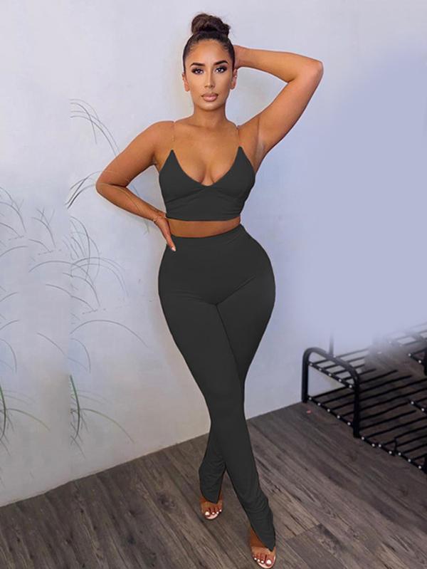 Sexy Wrap Spaghetti-Neck Exposed Navel Tank&Leggings Suits