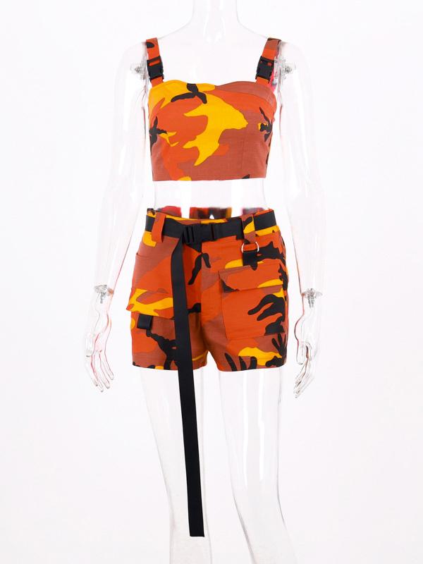 Camo Printed Tanks And Belted Shorts Suits