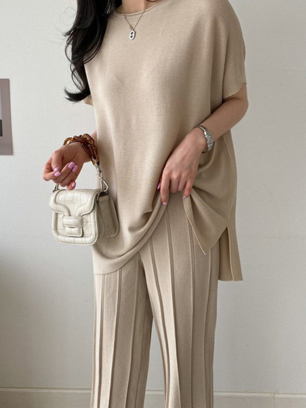 Casual Solid Color Split-Side Round-Neck Batwing Short Sleeves T-Shirt+Pleated Wide Leg Pants 2 Pieces Set