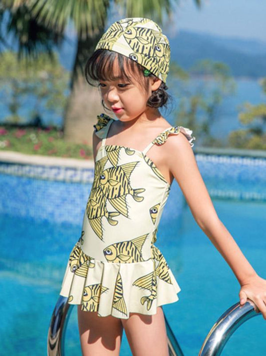 AONIHUA Fish Printed Lovely Ruffled Dress Swimwear