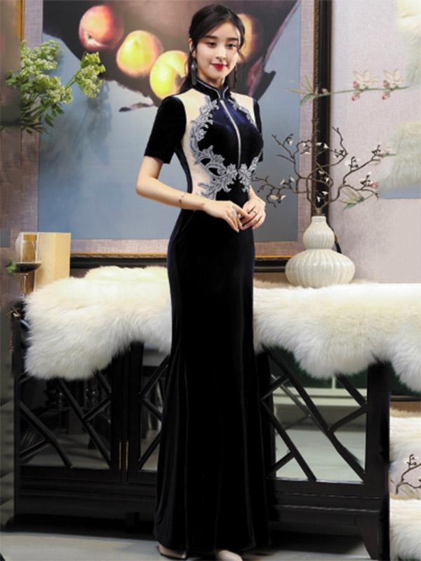 Stand Collar Beaded Split-side Corduroy Long Cheongsam