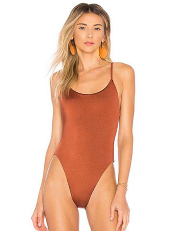 Solid Color Spaghetti-Neck One-Piece Swimwear