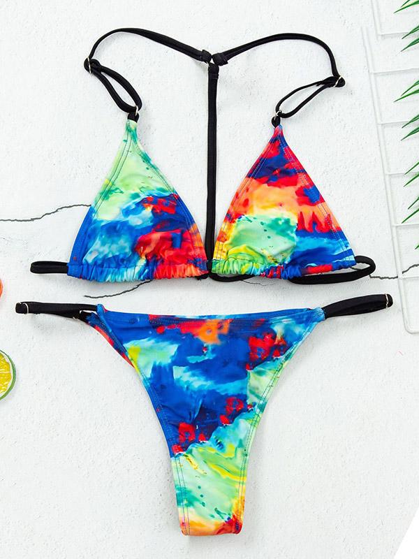 Sexy Triangles Spaghetti-Neck Printing Split Type Bikini Swimsuit