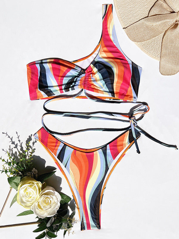 Three Pieces One Shoulder Printed Multicolor Bikini Swimwear