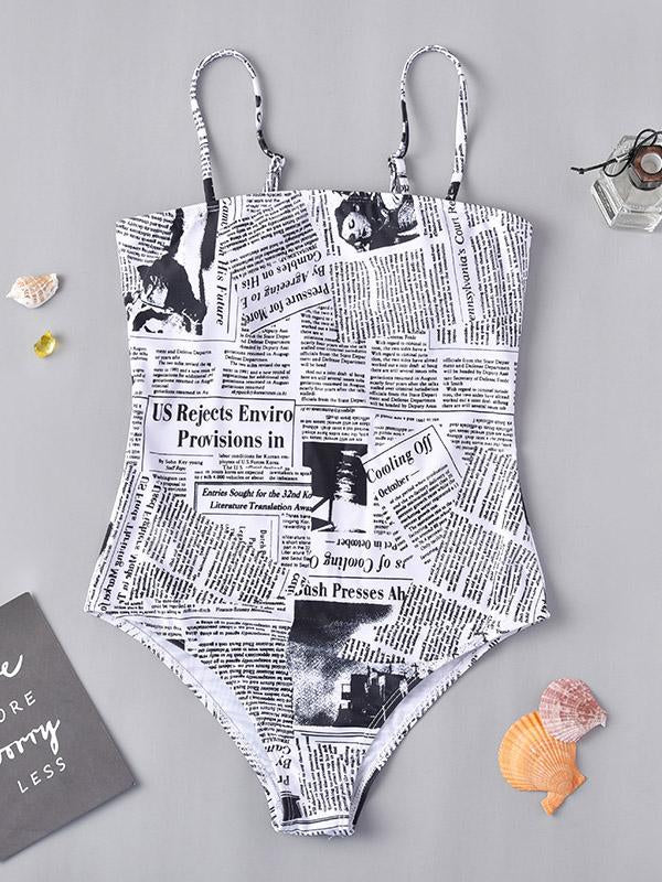 Newspaper-Print One-Piece Swimwear