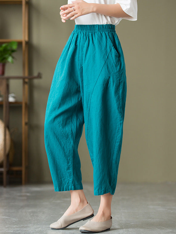 Simple Loose Linen Solid Color Split-Joint Pleated Drawstring Casual Pants