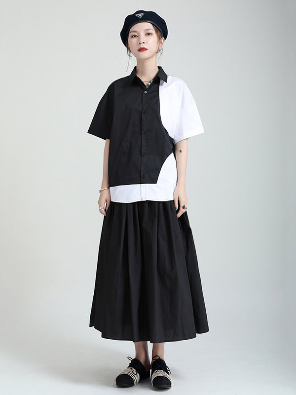 Urban Solid Color Split-Joint Mesh Pleated A-Line Skirt