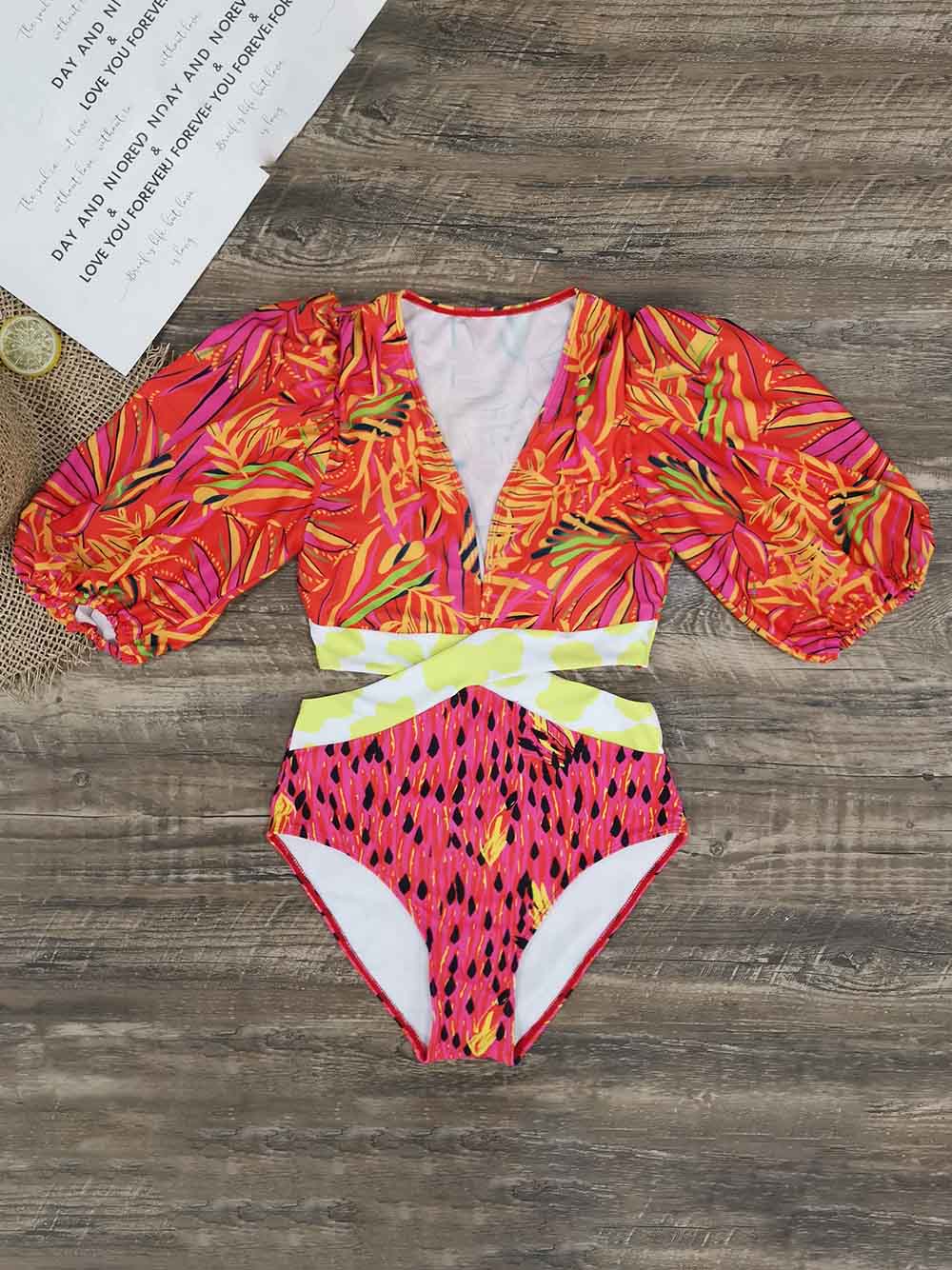 Retro Floral Deep V-Neck Puff Sleeves One-Piece Swimwear