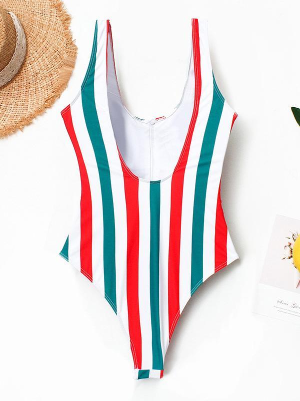 Striped Zipper Backless One-piece Swimwear