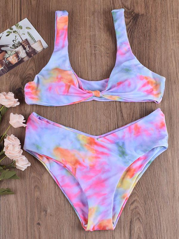 Sexy Low Collar Knotted Printing Split Type Bikini Swimsuit