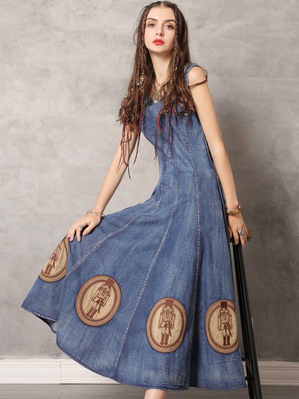 Vintage Embroidered Denim Vest Dress