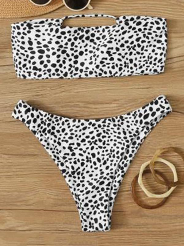 Floral-Print Backless Bandage Bandeau Split Bikini Swimsuit