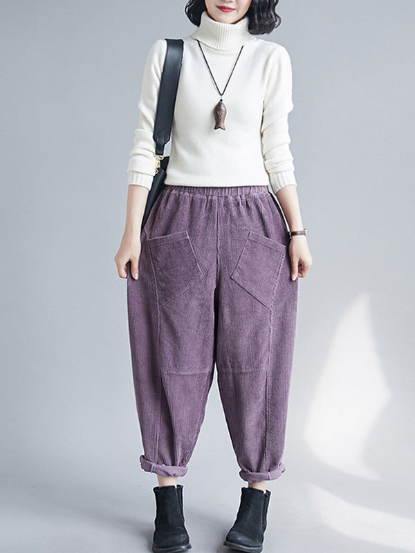 Casual Solid Color Split-Joint With Pocket Elasticity Wide Legs Corduroy Harem Pants