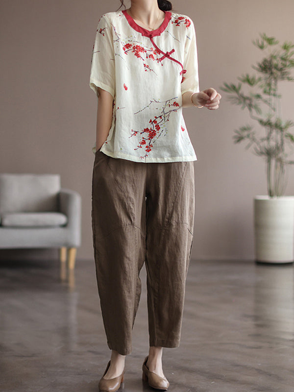 Simple Linen Solid Color Split-Joint Harem Pants