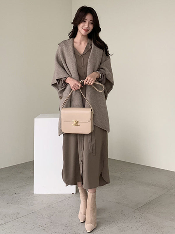 Urban Solid Color Elasticity Waist Long Sleeve Shirt Dress