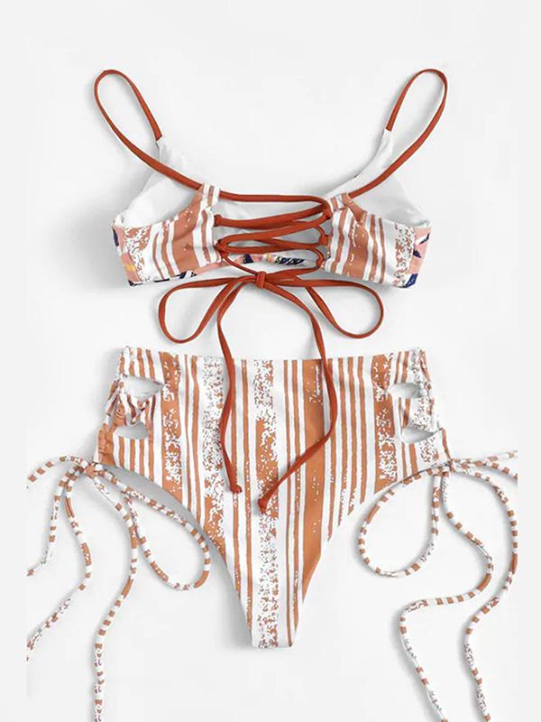 Printed Bandage Split Bikini Swimsuit