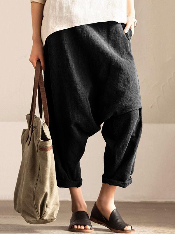 Loose Solid With-pockets Linen Harem Pants