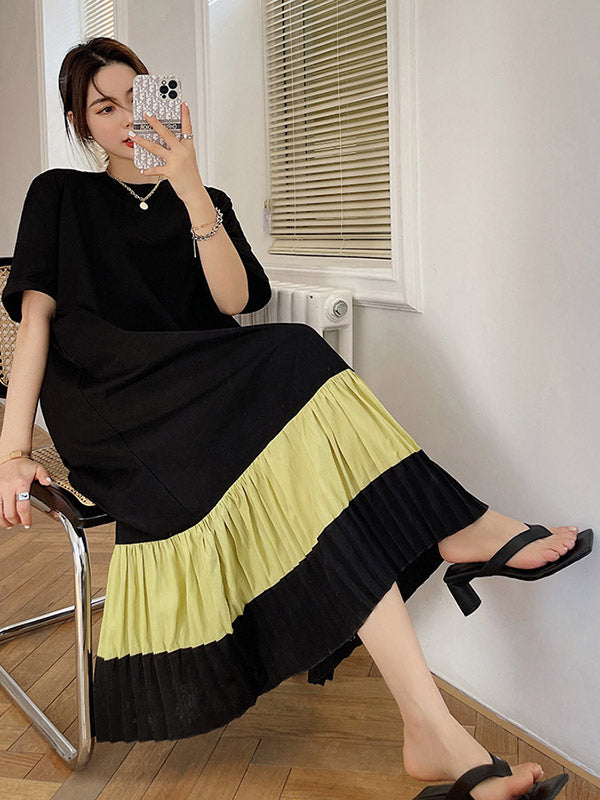 Original Split-Joint Pleats&Stripe Round-Neck Short Sleeve Midi Dress