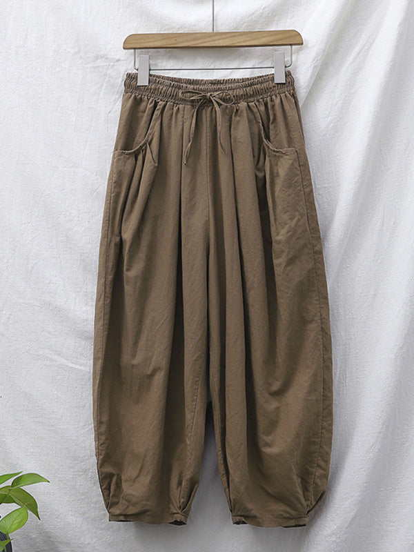 Simple Casual Loose Linen Solid Color Pleated Drawstring Knickerbockers