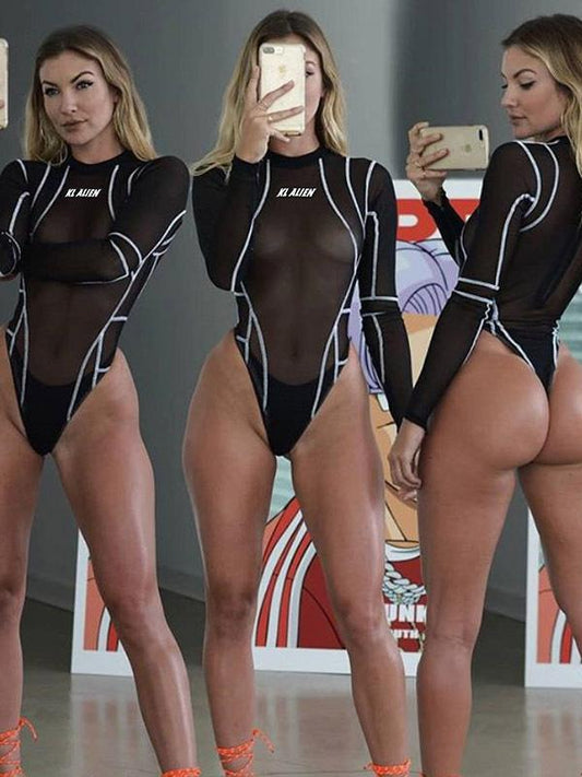 Sexy See-through Split-joint Long Sleeves Bodysuit