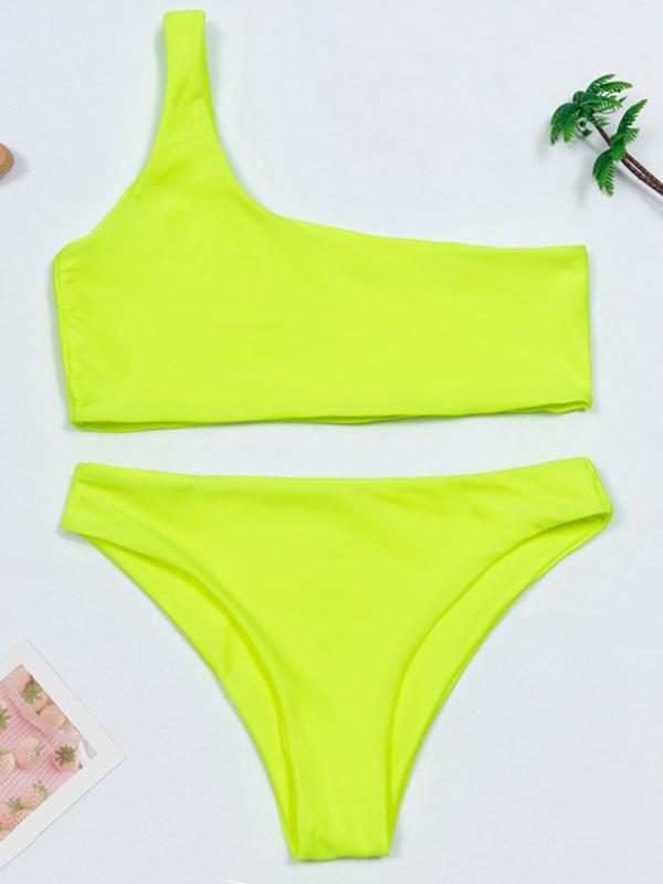 Sexy Single Shoulder Solid Color Split Bikini Swimsuit