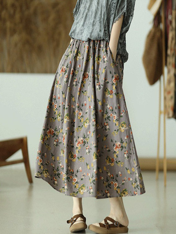 Stylish Ramie Cotton Floral Printed Loose A-Line Skirts