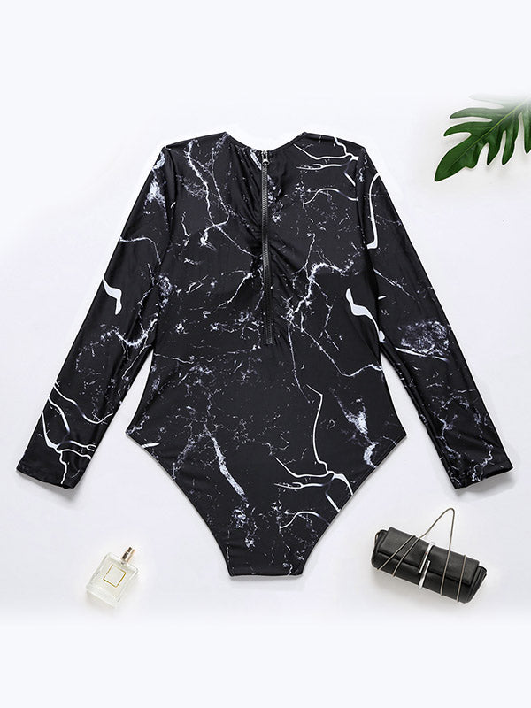 Long-Sleeves Sun-Protection Floral Printed One-Piece Wetsuits