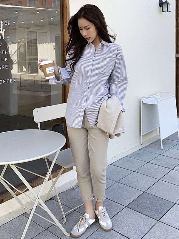 Simple Striped Buttoned Lapel High-Low Long Sleeves Blouse Tops