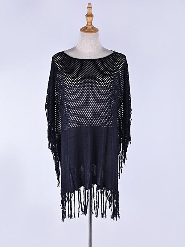 Solid Color Hollow Split-Joint Tasseled Crochetgo Bat Sleeve Cover-Ups Tops