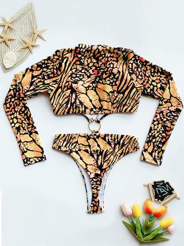 Long Sleeves Hollow Printed Siamese Swimwear